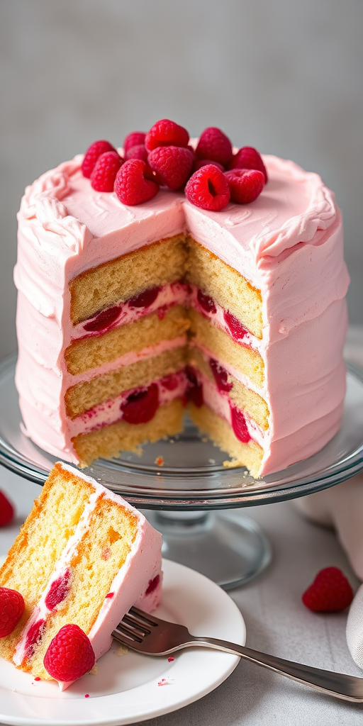 A beautifully layered cake with yellow sponge layers and raspberry filling topped with pink frosting and fresh raspberries on a glass cake stand with a slice on a white plate and a fork beside it