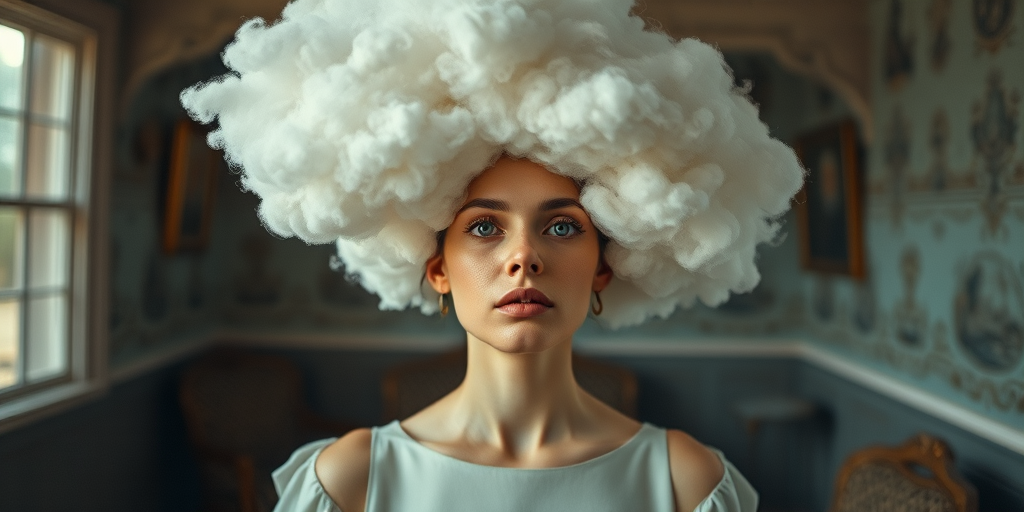 Capture a surreal portrait of a woman in a vintage room with swirling clouds above her head, using a Canon EOS R5 with a 50mm f/1.2 lens, aperture set to f/1.8, ISO 100, shutter speed 1/125s, shot at eye level with a soft focus effect to enhance the dreamlike quality.