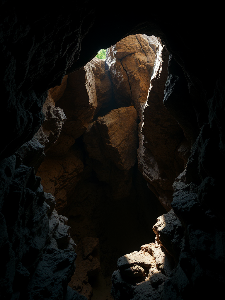 Create a high-resolution image of a deep cave opening, overhead view, using a DSLR camera set to f/8 aperture, ISO 100, 1/200 sec shutter speed, with natural light to emphasize textures and shadows in the rocky surroundings.