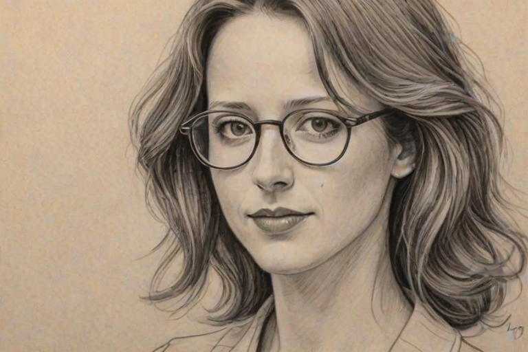 Comely Amy Acker, pencil sketch, portrait of Enchanting woman 1923s in glasses, hair style beatnik, outline, clear lines, fine lines, 8k