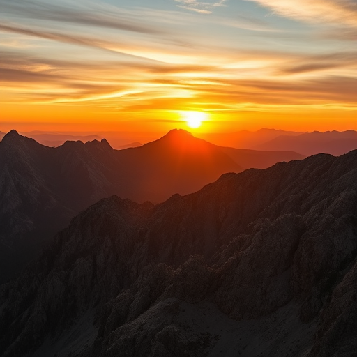 Capture a dramatic sunset over rugged mountains with warm golden lighting, f/8 aperture, ISO 100, 1/200 sec shutter speed, wide-angle lens, and taken with a DSLR camera at eye level for a clear, detailed landscape shot.