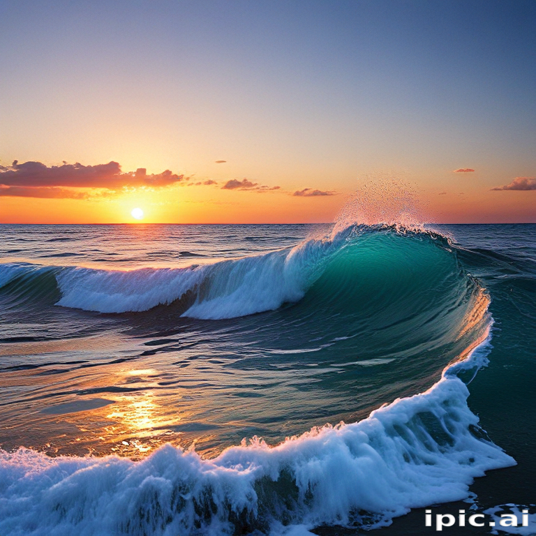 Majestic Ocean Waves Crashing at Sunset Under a Colorful Sky
