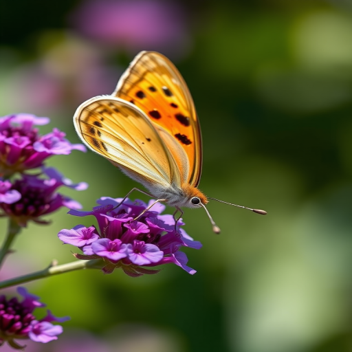 A beautifully detailed butterfly perched on vibrant purple flowers, captured with a Canon EOS 5D Mark IV, 100mm f/2.8 macro lens, f/5.6 aperture, ISO 200, 1/200s shutter speed, shallow depth of field for a soft background blur, natural sunlight.