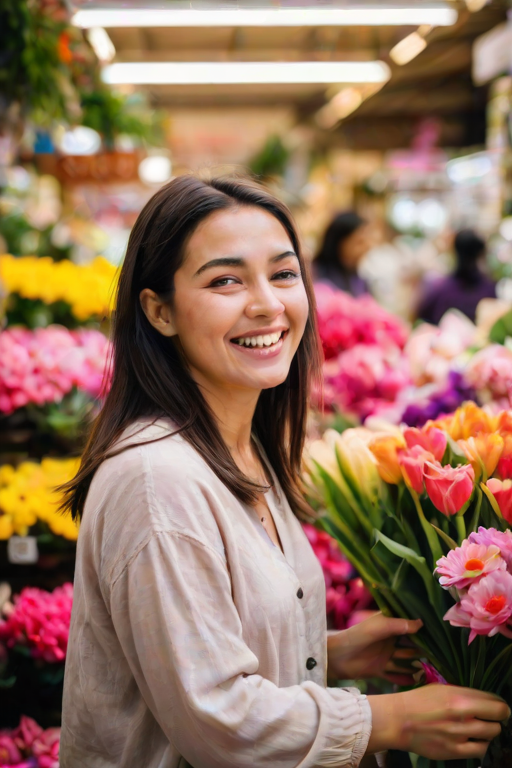 Soft-focus image of a woman shopping for fresh flowers at a local market, surrounded by vibrant colors and fragrant scents, her excitement softly captured in her smile.