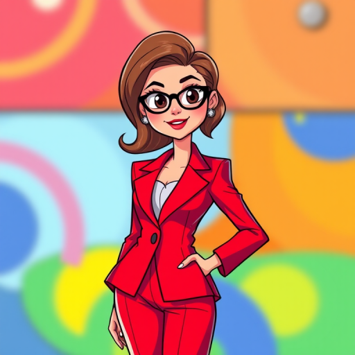 Create a high-resolution cartoon image of a confident woman in a stylish red suit, standing with one hand on her jacket, with a bright and colorful background, using a DSLR camera with a 50mm lens, f/1.8 aperture, ISO 200, and natural lighting to enhance the image quality.