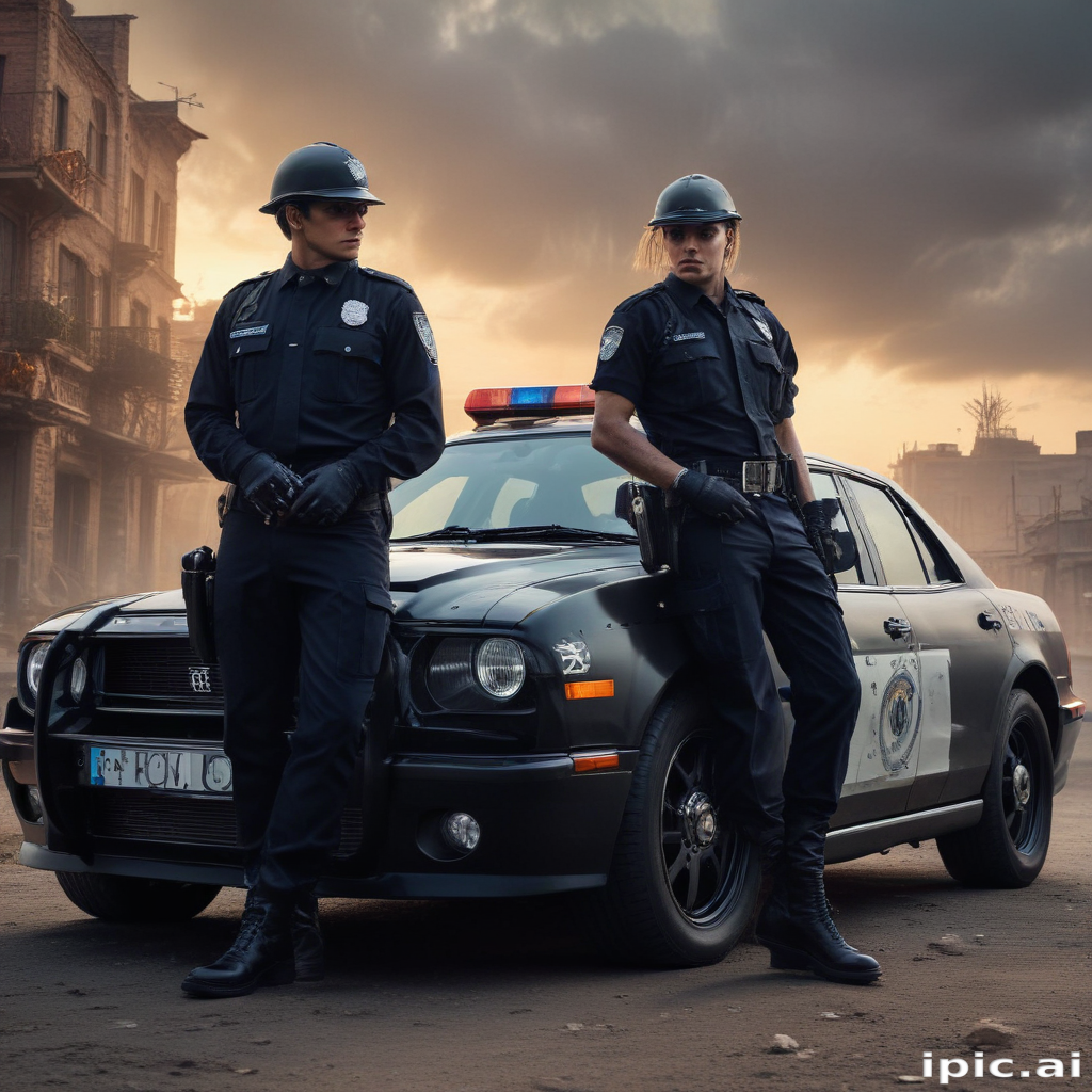 Two Police Officers Standing Strong Beside Their Patrol Car at Dusk
