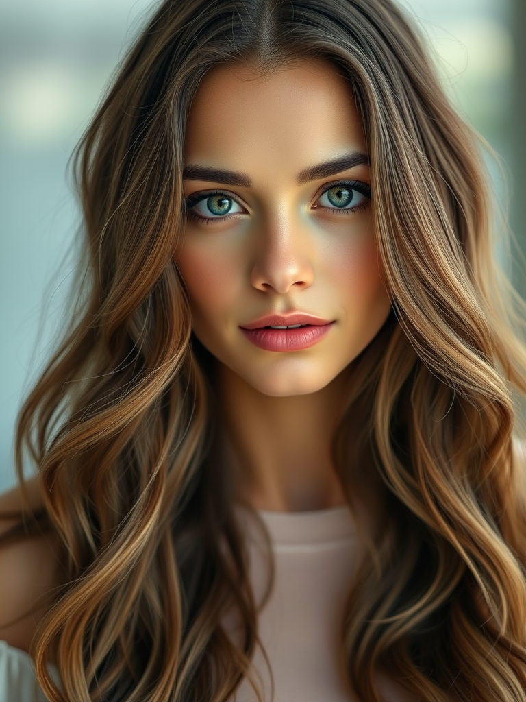 portrait of a woman with long wavy hair and a soft gaze, natural lighting, 85mm lens, f/1.8 aperture, ISO 100, shallow depth of field, soft focus background, high-resolution photography