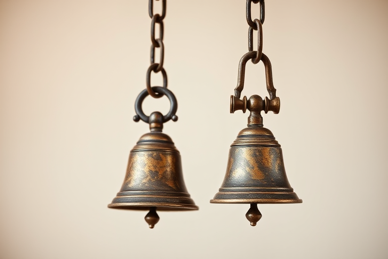 Create a high-resolution image of two antique bells hanging from a heavy chain against a plain background, captured with a DSLR camera, 50mm lens, aperture f/1.8 for shallow depth of field, ISO 100 for clarity, and soft natural lighting to enhance detail and texture.