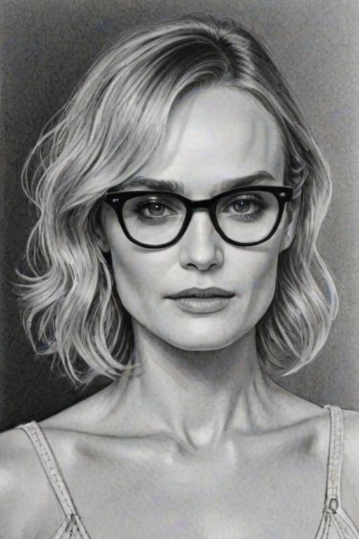 Enchanting Diane Kruger, pencil sketch, portrait of Lovely woman 1969s in glasses, hair style beatnik, outline, clear lines, fine lines, 8k