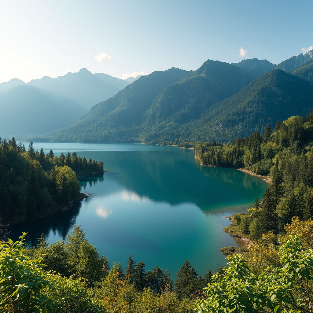 Regenerate a high-resolution image of a serene landscape featuring a tranquil lake surrounded by lush greenery and mountains in the background, taken with a Canon EOS R6, ISO 100, f/8 aperture, 1/125 sec shutter speed, using a wide-angle lens from a slightly elevated perspective to enhance depth and clarity.