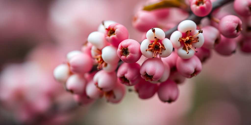 Close-up shot of pink and white berries on a branch, shallow depth of field, f/2.8 aperture, ISO 100, 50mm lens, natural light, DSLR camera, soft bokeh background.