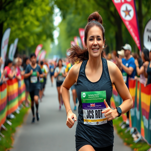 Blurry action shot of a woman participating in a community run, her face full of determination, colorful banners lining the path, and supporters cheering in the background.