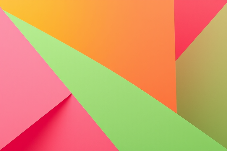 Create an abstract geometric design featuring vibrant colors like pink, orange, green, and yellow with a smooth gradient finish, captured in high resolution with a Canon EOS R5 camera, 50mm lens, f/1.8 aperture, ISO 100, 1/200 sec shutter speed, shot from a top-down perspective for clarity and detail.