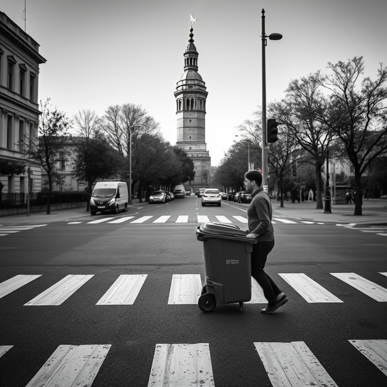 A black and white street photography scene capturing a person pushing a garbage cart across a crosswalk, with a historical tower in the background, shot with a Canon EOS R5 at f/4.0, ISO 100, 1/250s, in landscape orientation with shallow depth of field for a soft background blur.