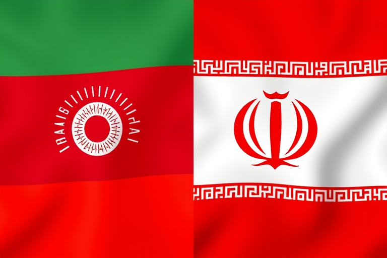 Create a high-resolution digital illustration of the flags of Tajikistan and Iran side by side, using a DSLR camera with a 50mm lens, aperture set to f/8, ISO 100, and a slightly elevated angle to capture vibrant colors and details in a well-lit environment.