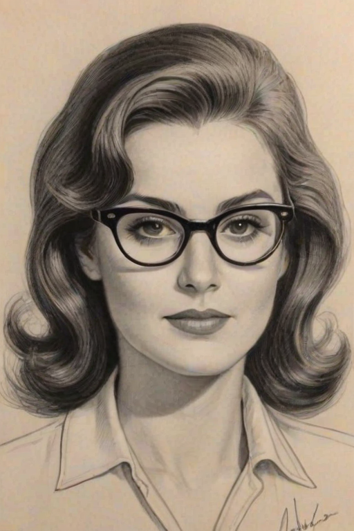 Superb Emmy Lou Harris, pencil sketch, portrait of Fascinating woman 1948s in glasses, hair style beatnik, outline, clear lines, fine lines, 8k