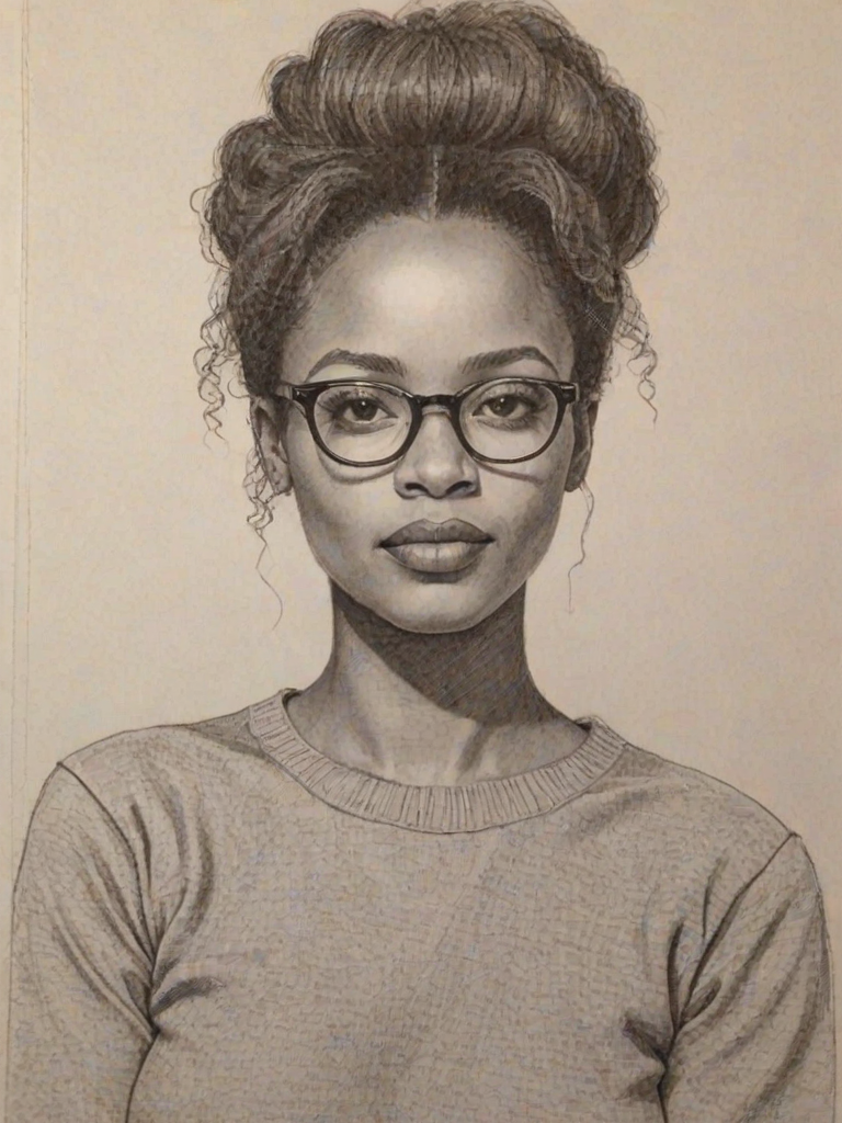 Attractive Zoe Mthiyane, pencil sketch, portrait of Fascinating woman 1977s in glasses, hair style beatnik, outline, clear lines, fine lines, 8k