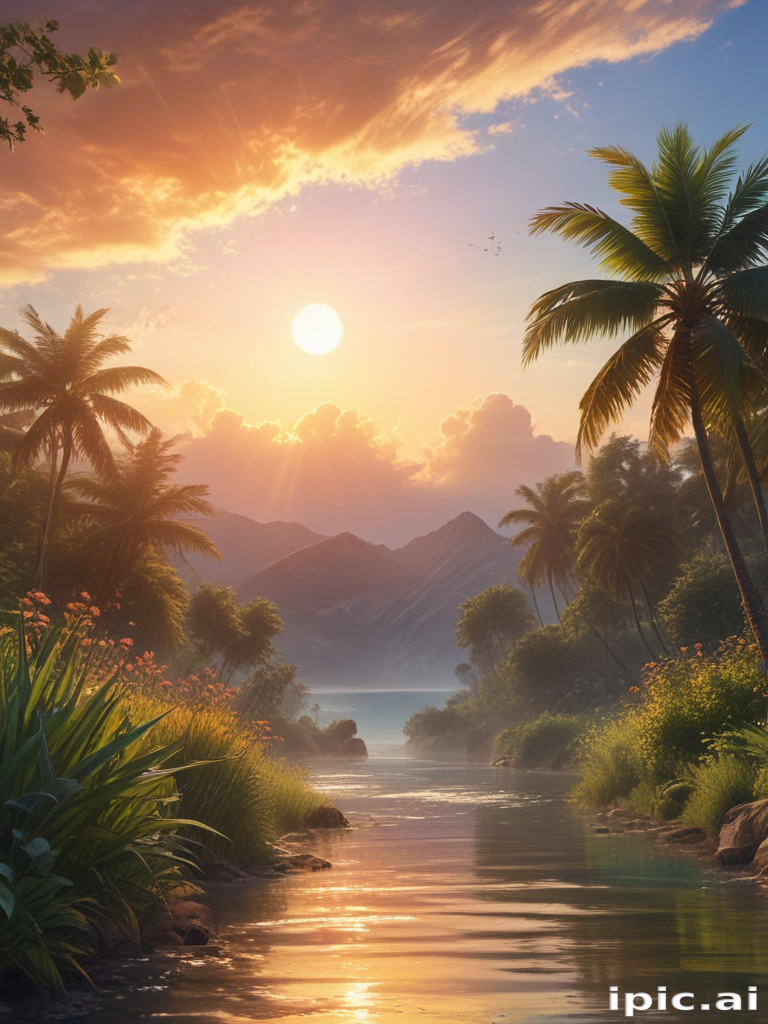 Serene Sunset Over a Tropical River Surrounded by Lush Greenery and ...