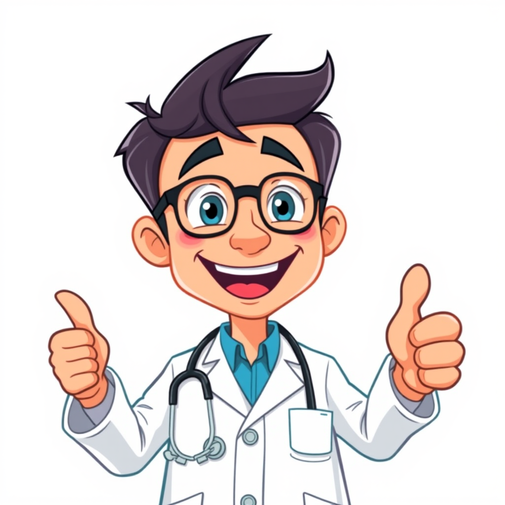 Create a cartoonish illustration of a smiling doctor in a white coat with a stethoscope, thumbs up gesture, bright colors, high contrast, using a DSLR camera with a 35mm lens, aperture f/4, ISO 200, in bright daylight to enhance image clarity and quality.