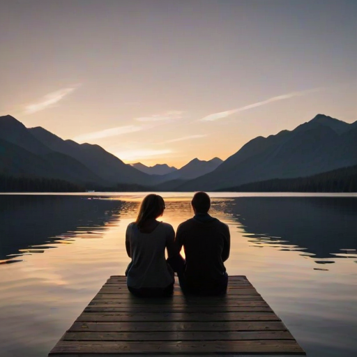 Warmly lit image of a couple sitting on a dock at sunset, their feet dangling over the water, soft glow from the setting sun reflecting off the lake, distant mountains silhouetted against the sky, a peaceful breeze gently rippling the water.
