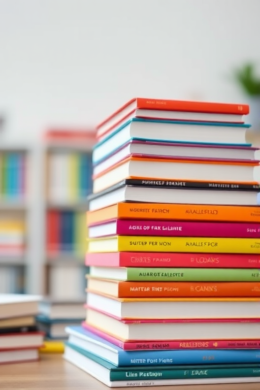 Create a vibrant image of stacked colorful books in a bright, well-lit environment, using a Canon EOS R camera, 50mm lens, aperture f/2.8, ISO 100, and a shallow depth of field for a blurred background effect.