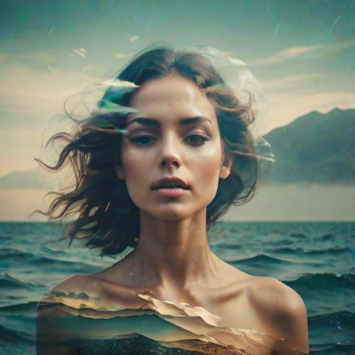 this photo is Book cover, A surreal double exposure portrait that blends a woman's face with a beautiful seascape. The overall mood is dreamy and mystical, with rich colors and intricate details