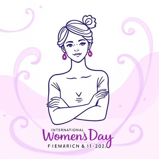 Create an illustration celebrating International Women's Day, featuring a stylized line drawing of a woman with crossed arms, surrounded by soft purple swirling patterns, shot with a digital camera at f/2.8, ISO 100, and a 50mm lens for a shallow depth of field.