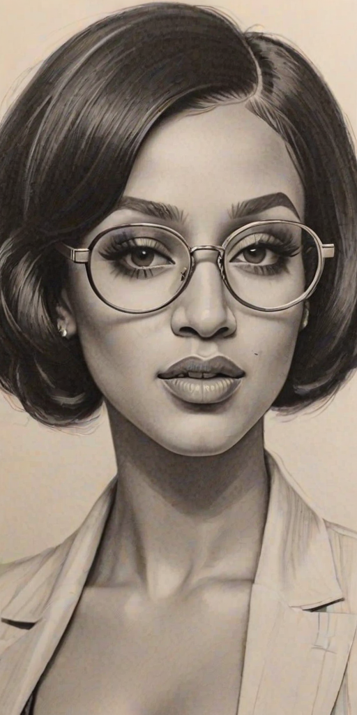 Beauteous Cardi B, pencil sketch, portrait of Stunning woman 1928s in glasses, hair style beatnik, outline, clear lines, fine lines, 8k