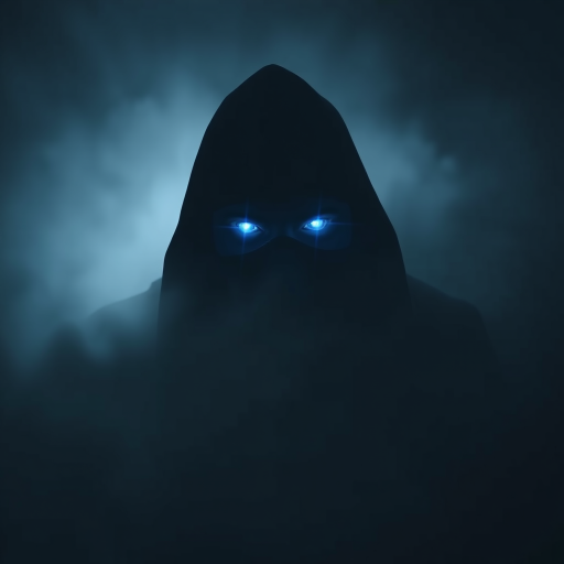 A hooded figure with glowing blue eyes emerging from thick fog, cinematic lighting, low-angle view, DSLR camera, 50mm lens, f/1.8 aperture, ISO 100, 1/200 sec shutter speed.