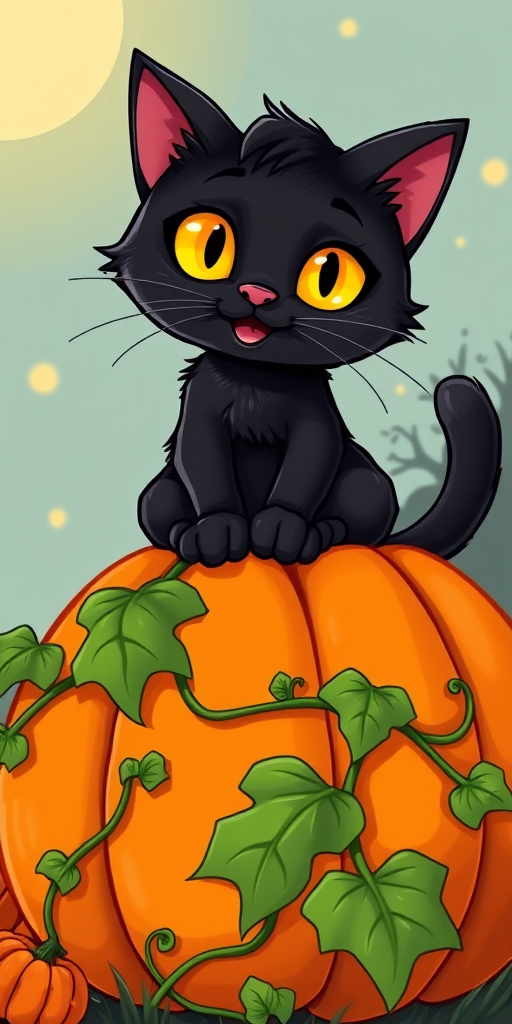 Create a vibrant illustration of a cartoon black cat with bright yellow eyes, sitting cheerfully on an orange pumpkin with green vines, using a wide-angle lens at f/2.8, ISO 100, 1/200s shutter speed, in high resolution with a bright and colorful style, capturing a playful and whimsical atmosphere.