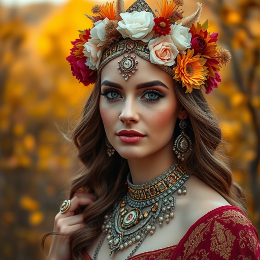Portrait of a regal woman adorned with intricate jewelry and a floral headdress in a vibrant autumn landscape, shot with a Canon EOS R5 at f/1.8, ISO 100, 85mm lens, natural light, shallow depth of field for soft background blur.