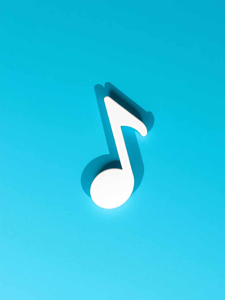 Create an image of a musical note icon on a solid blue background, using a DSLR camera with a focal length of 50mm, ISO 100, aperture f/2.8, and a slightly tilted top-down view to emphasize shadows for a modern look.