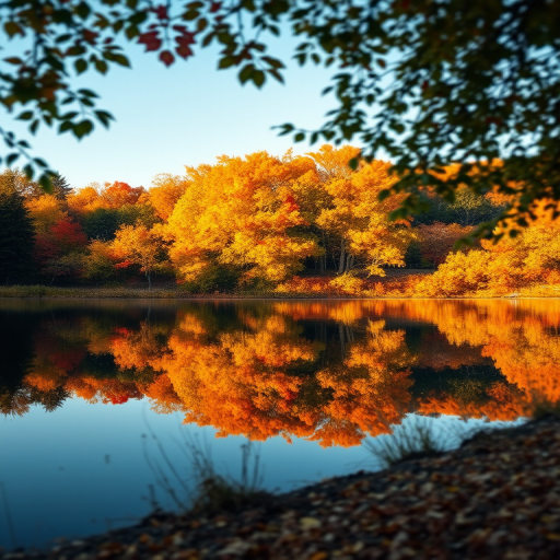 a serene lakeside view with vibrant autumn trees reflecting in calm water, taken with a DSLR camera, 50mm lens, f/8 aperture, ISO 100, natural lighting, soft focus background, shot during golden hour for warm tones and enhanced depth.