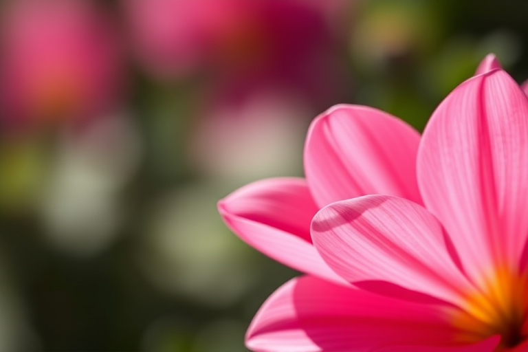 Capture a close-up of a vibrant pink flower against a softly blurred background, using a DSLR camera with a 50mm f/1.8 lens, aperture set to f/2.8, shutter speed at 1/250s, ISO 100, natural lighting, emphasizing the delicate petals and contrasting colors.