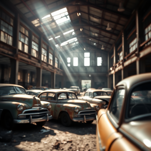 abandoned warehouse with old rusty cars, natural light streaming through broken windows, depth of field with a focus on foreground detail, DSLR camera, 24mm lens, f/8 aperture, ISO 200, shutter speed 1/125 sec, high dynamic range imaging