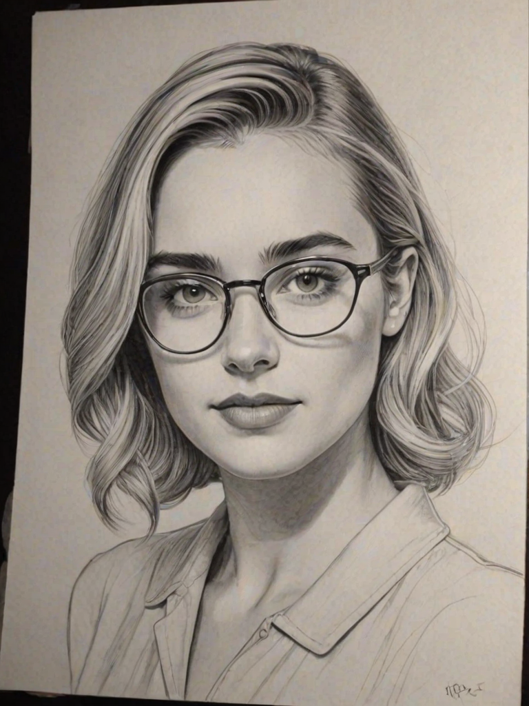 Alluring Katelyn Tarver, pencil sketch, portrait of Ravishing woman 1949s in glasses, hair style beatnik, outline, clear lines, fine lines, 8k