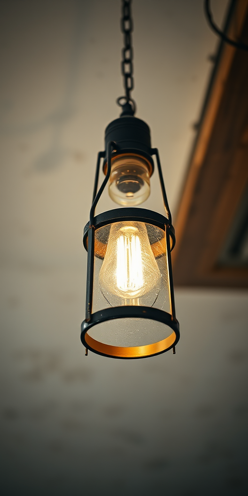 Regenerate an image of a vintage hanging lamp, soft lighting, focus on the lamp's design, aperture f/2.8, ISO 200, 50mm lens, DSLR camera, overhead view, natural style.