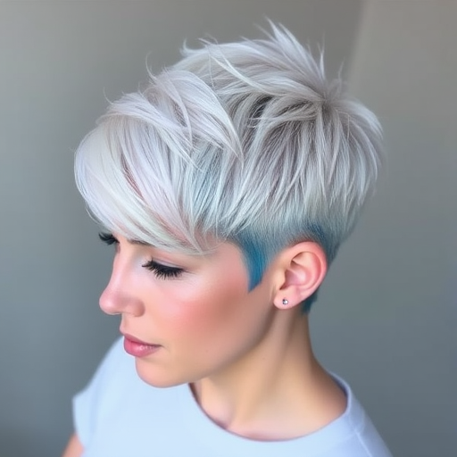 Platinum blonde pixie cut with electric blue tips, created by "Frost & Fire" stylists, showcasing a textured, spiky top and closely cropped sides, accentuated by delicate silver highlights throughout, giving an ethereal, ice-queen appearance that catches the eye from every angle.