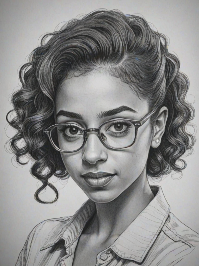Ravishing Liza Koshy, pencil sketch, portrait of Charming woman 1935s in glasses, hair style beatnik, outline, clear lines, fine lines, 8k