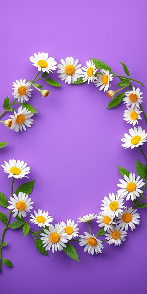 Generate an image of a decorative floral frame featuring white daisies and green leaves on a vibrant purple background with an empty central area, using a DSLR camera set to f/2.8 aperture, ISO 100, 50mm lens, and a shallow depth of field for a soft background blur.