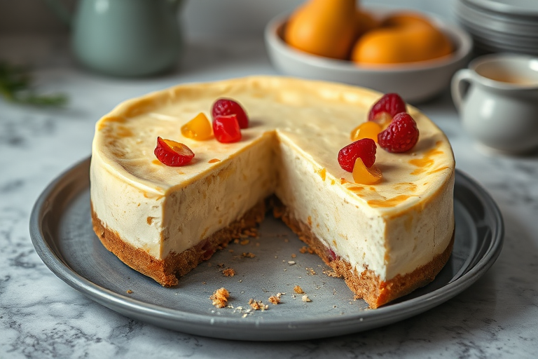 A delicious cheesecake on a gray plate with a slice cut out revealing a creamy interior, topped with pieces of candied fruit, set on a textured surface with soft blurred background elements suggesting a cozy kitchen atmosphere.