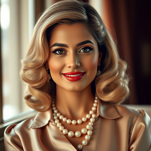 A beautiful Pakistani woman reminiscent of 1950s Hollywood glamour, with perfectly styled blonde hair and a seductive smile, dressed in a satin blouse and adorned with pearls, soft and warm tones, photorealistic, 8K