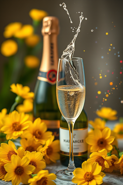 Create a high-resolution artistic image of a champagne bottle next to a filled champagne flute, surrounded by yellow flowers and colorful splashes, using a Canon EOS R5, 50mm lens, f/1.8 aperture, ISO 100, soft natural lighting, and a shallow depth of field for a dreamy effect.