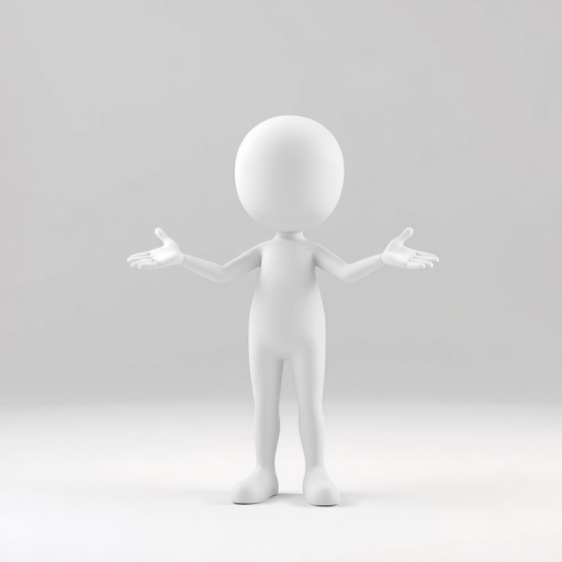 Generate a 3D character model of a stylized, simplistic humanoid figure with a smooth white finish, arms outstretched in a welcoming pose, captured in a clean studio setting with soft diffused lighting, using a DSLR camera with an aperture of f/2.8, focal length of 50mm, ISO 200, and a slight vignette effect for enhanced depth.