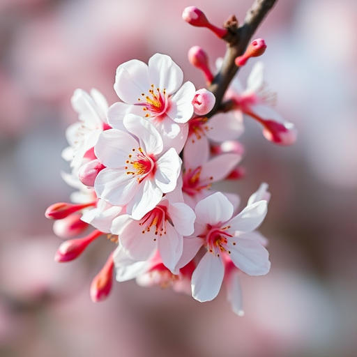 macro shot of cherry blossoms on a branch with a blurred background, aperture f/2.8, shutter speed 1/500s, ISO 100, taken with a DSLR camera at a 50mm lens, natural soft lighting