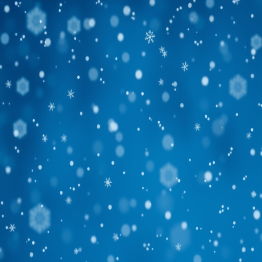 Generate a winter scene with a blue background filled with falling snowflakes of various sizes, capturing the essence of a snowy day, using a DSLR camera, 50mm lens, f/2.8 aperture, ISO 100, and a shutter speed of 1/250 seconds.