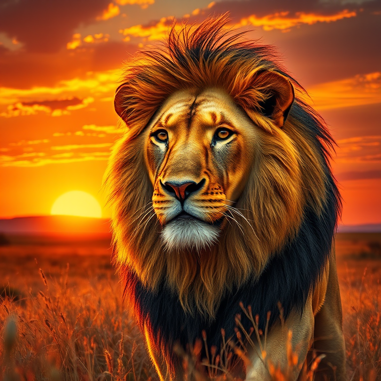 Create a detailed illustration of a majestic lion in a vibrant savanna landscape during sunset, with a Canon EOS R5 capturing in f/2.8 at 1/500s, ISO 200, shot from a low angle to emphasize the lion's mane and the warm golden hues of the sky.