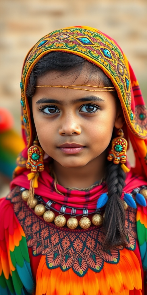 A beautiful Coptic girl, wearing colorful bird clothing with vibrant colors