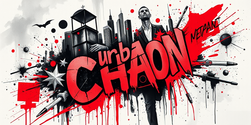 Trash polka tattoo titled "Urban Chaos" combining realistic black and gray elements with abstract red splashes and typography, creating a dynamic and edgy composition