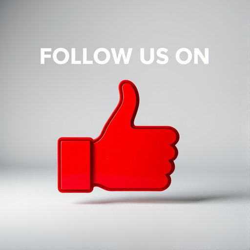 Create a high-resolution image featuring the text "FOLLOW US ON" above a large red Facebook "Like" thumbs-up icon, using a DSLR camera with a 50mm lens, aperture set to f/2.8, ISO 100, shot in a well-lit studio environment with a focus on sharpness and vibrant colors.